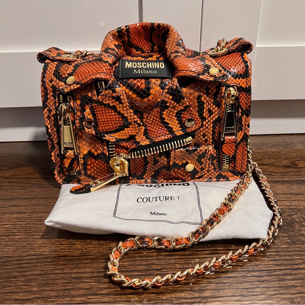 NWT Moschino Python-Printed Leather Biker Jacket Bag